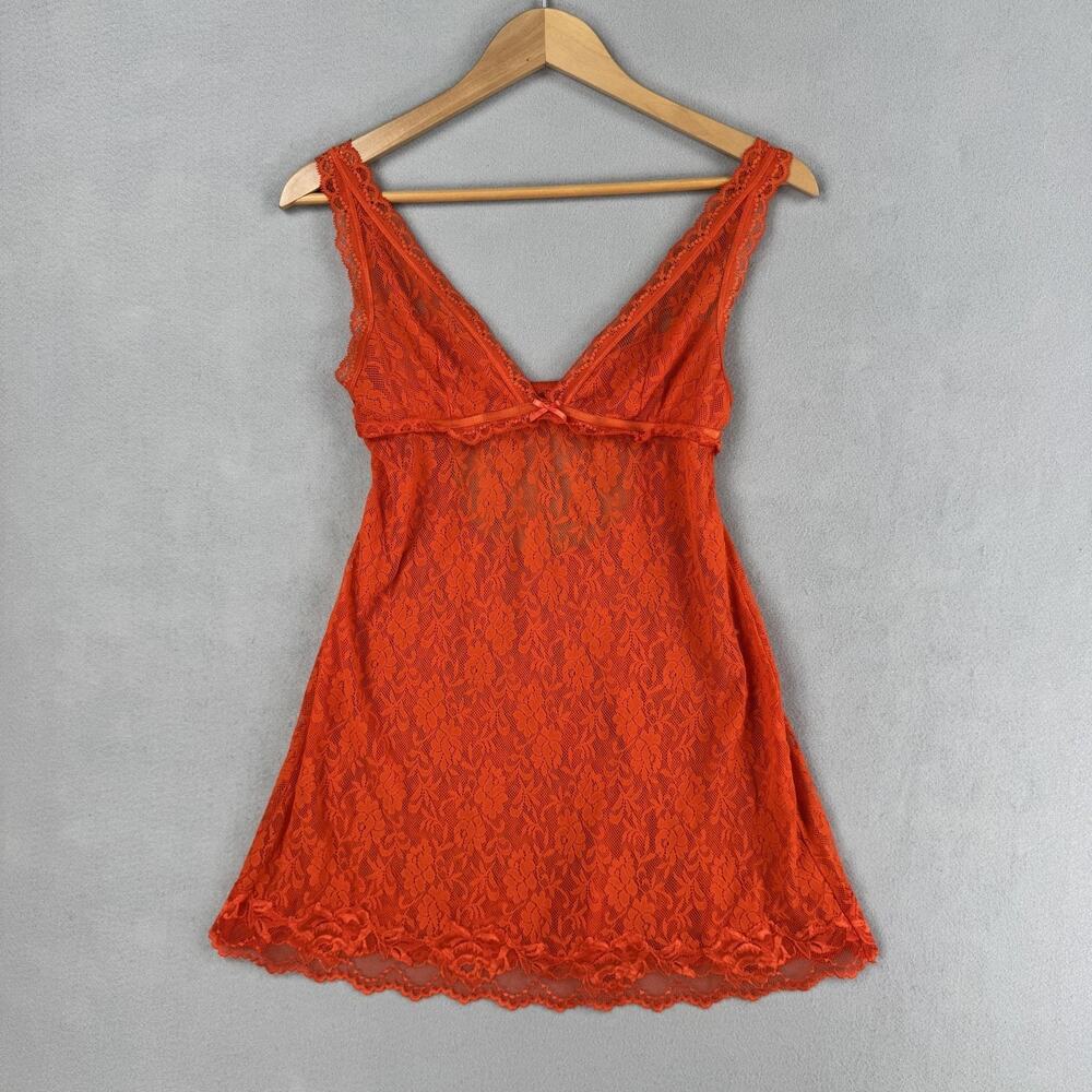 Victoria's Secret Babydoll Nightgown Womens Large Orange Lace Very Sexy Sheer